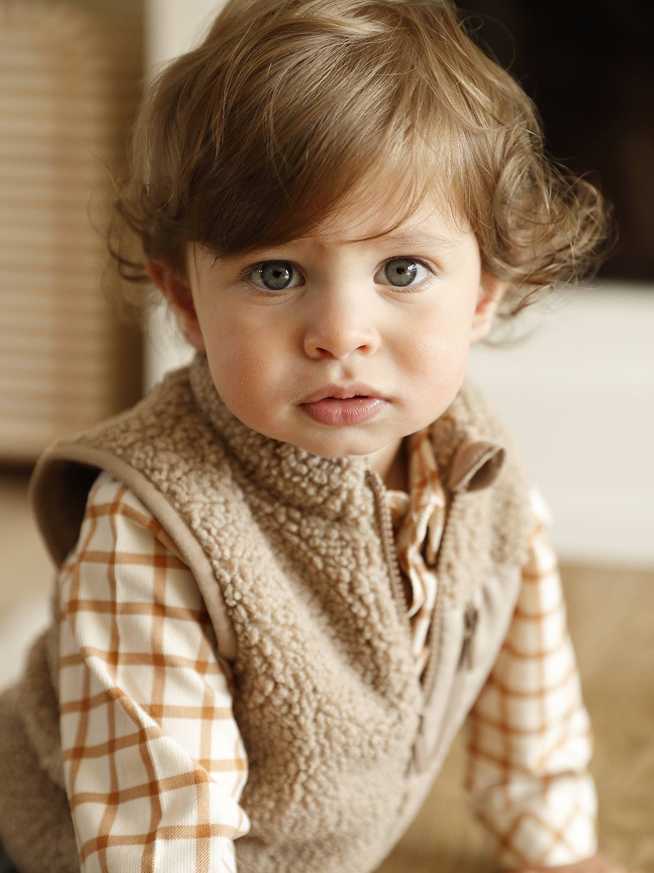 Chemise bébé vichy en velours caramel