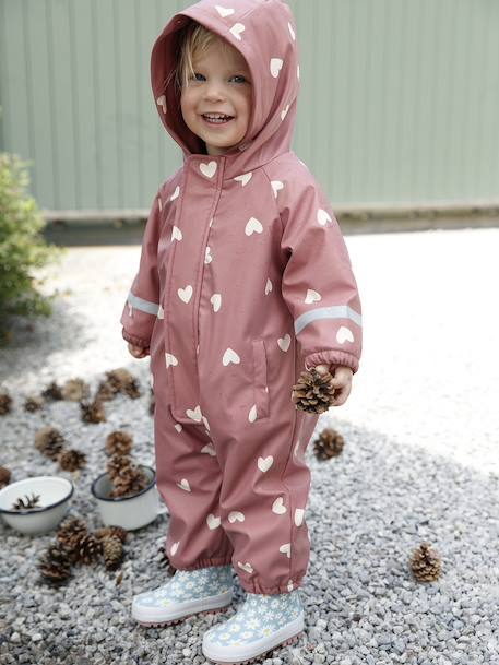 Vertbaudet - Combinaison de pluie imprimée à capuche bébé doublée polaire vieux rose
