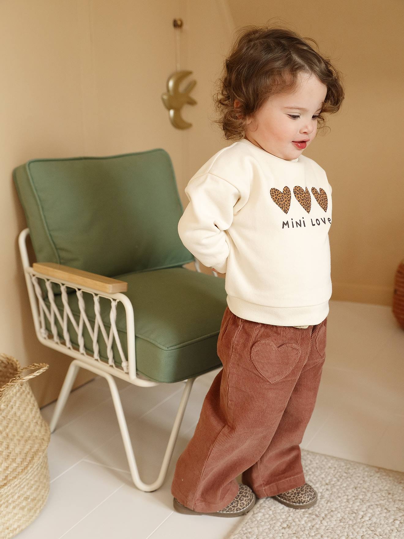 Pantalon bébé en velours côtelé avec ceinture léopard à nouer terracotta