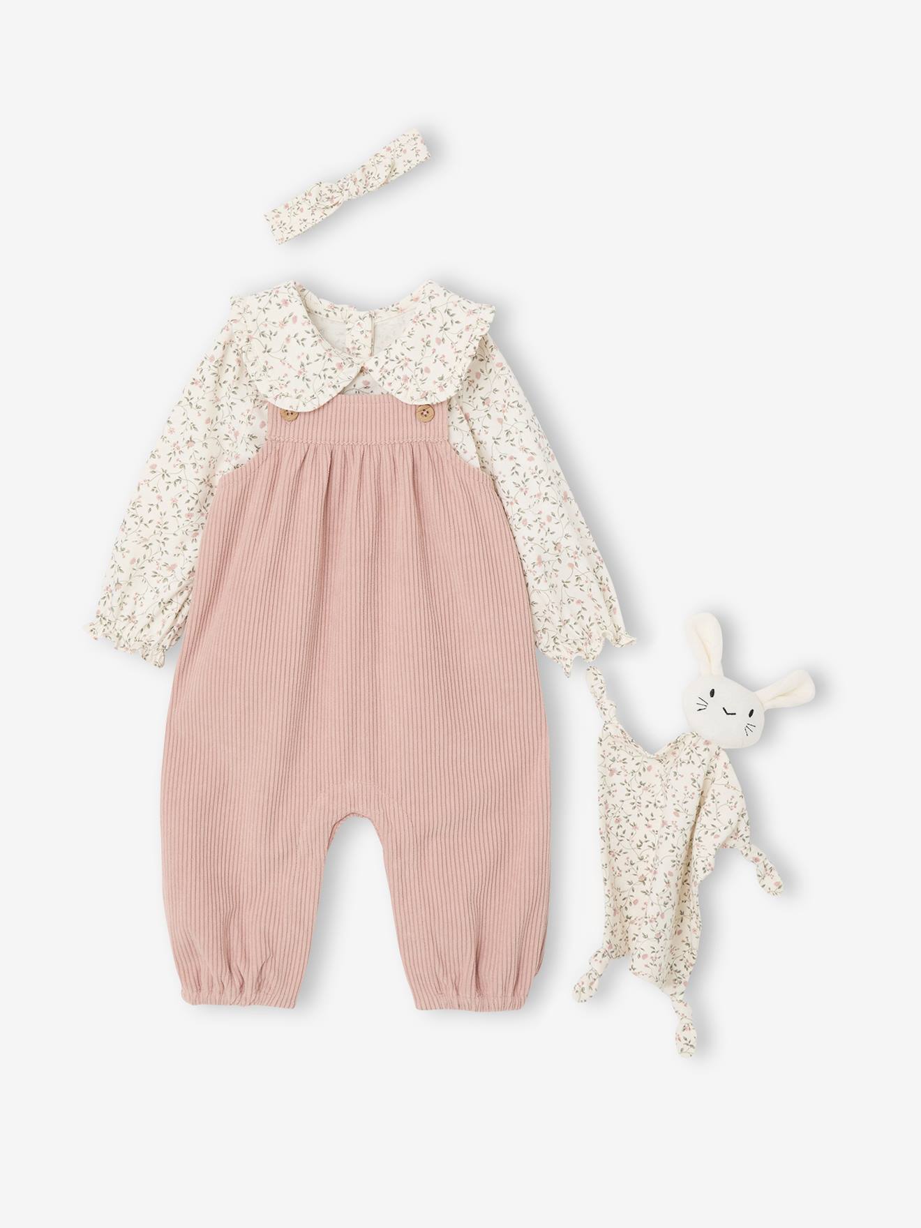 Coffret bébé T-shirt + salopette + bandeau + doudou rose poudré