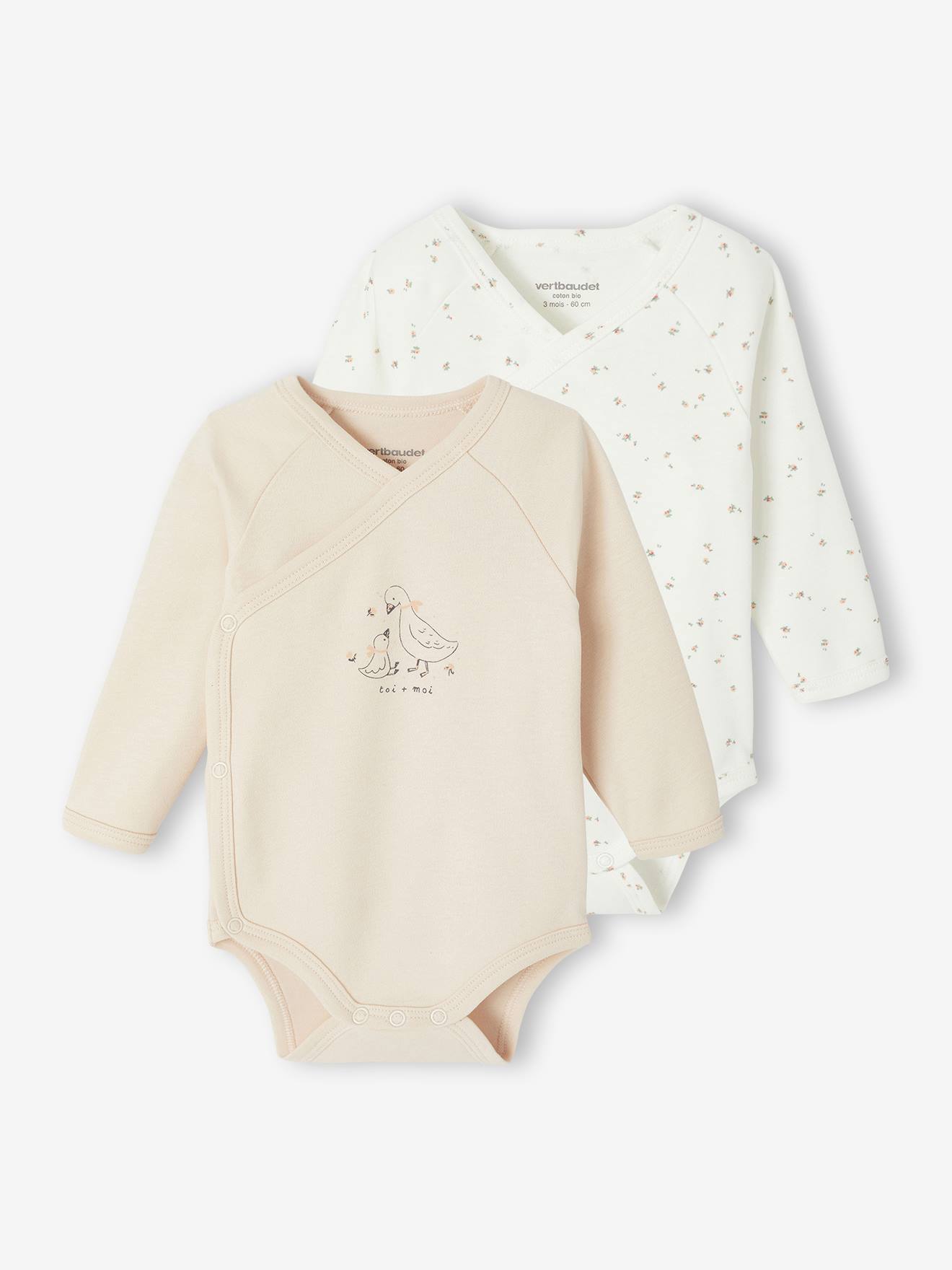 Lot de 2 bodies bébé ouverture naissance manches longues rose