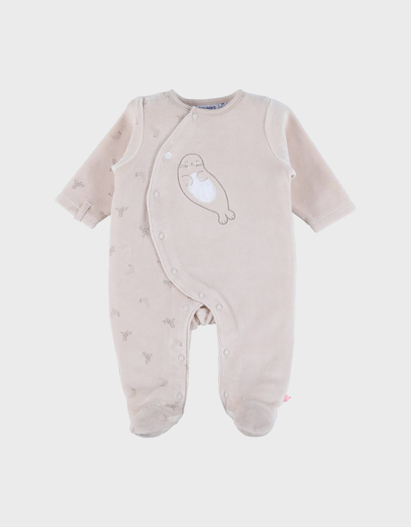 Pyjama bébé en velours avec broderie phoque ecru