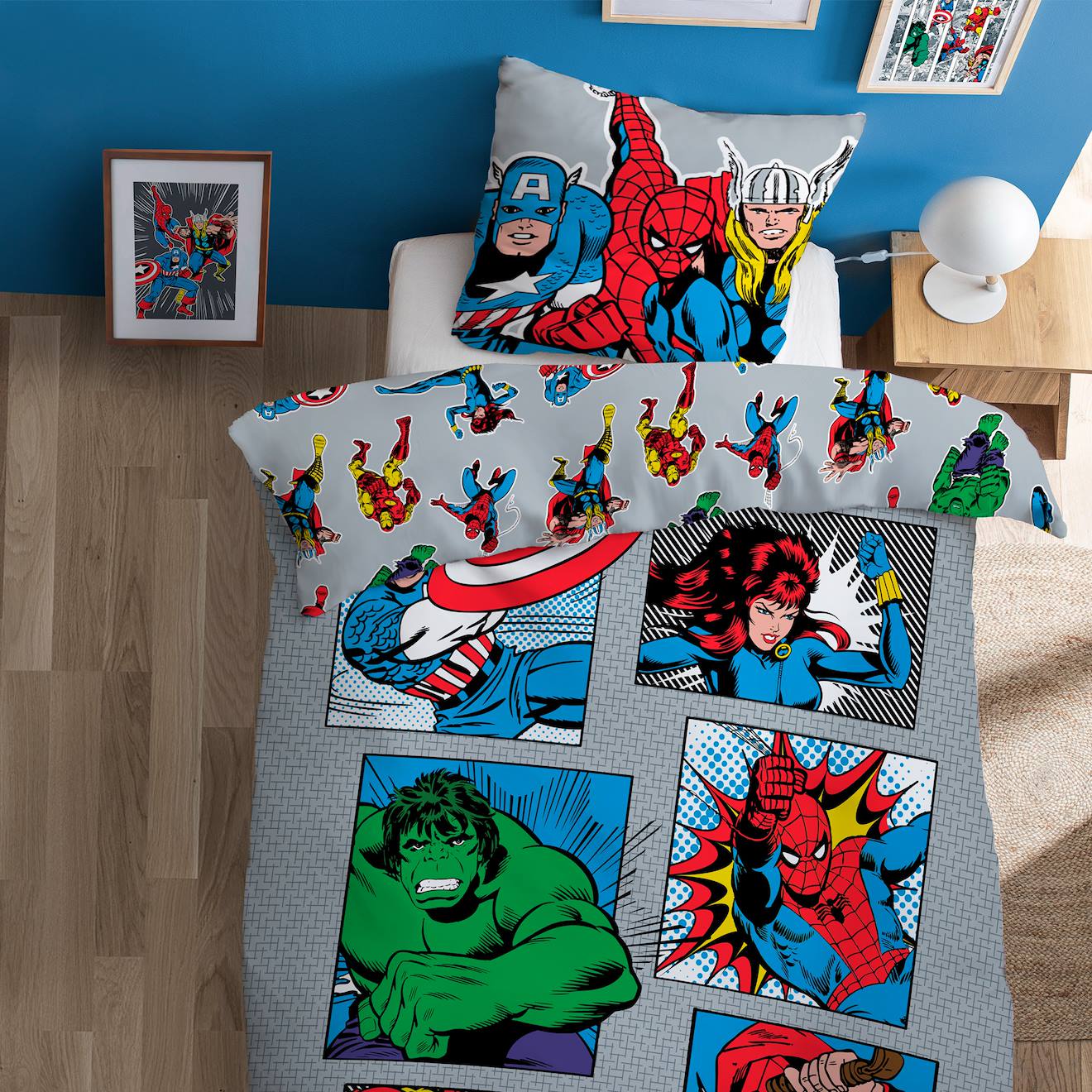 Parure De Lit 100% Coton, Marvel Home Comics Super-héros Gris
