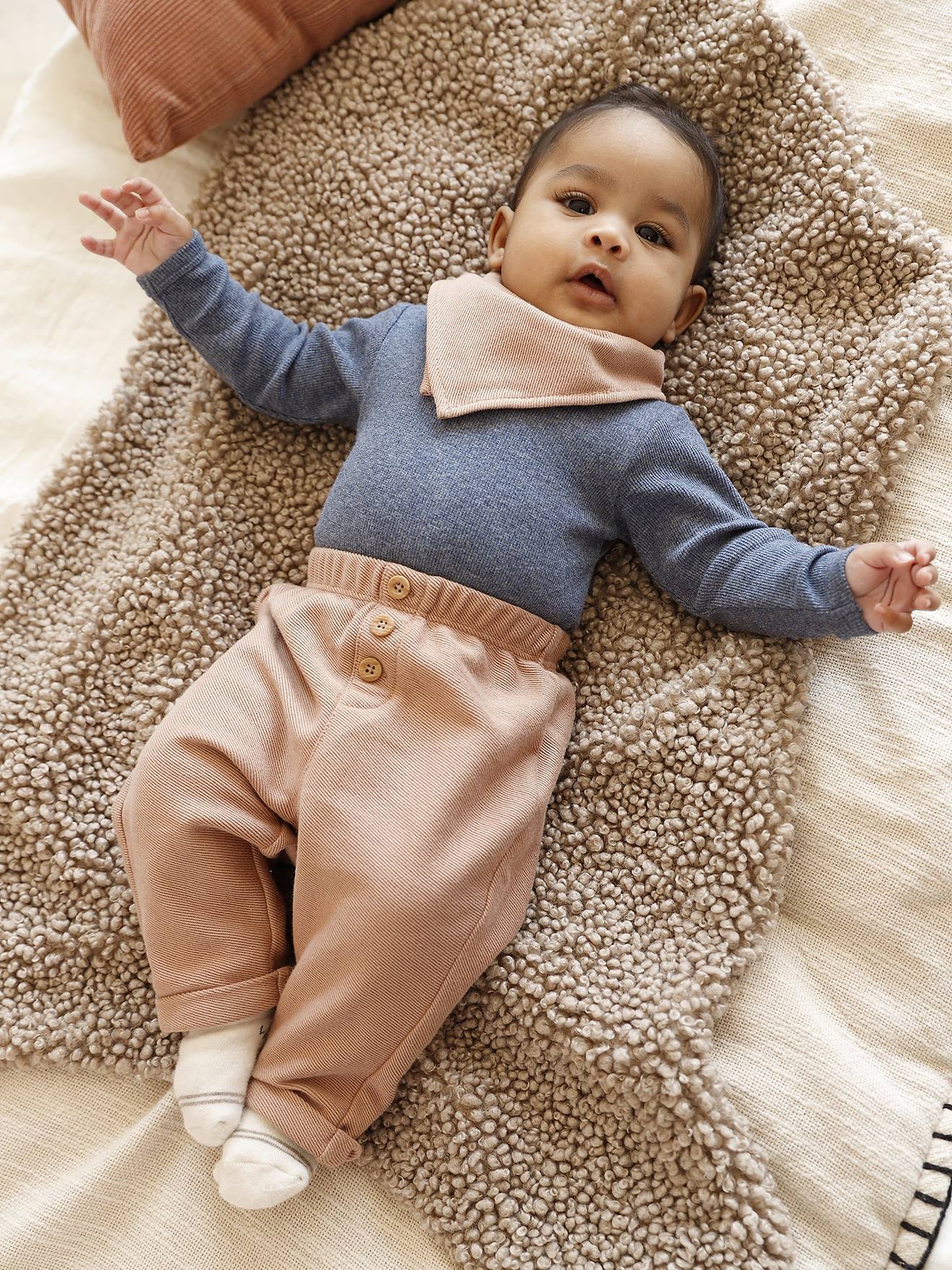 Ensemble 3 pièces naissance body + pantalon + foulard camel