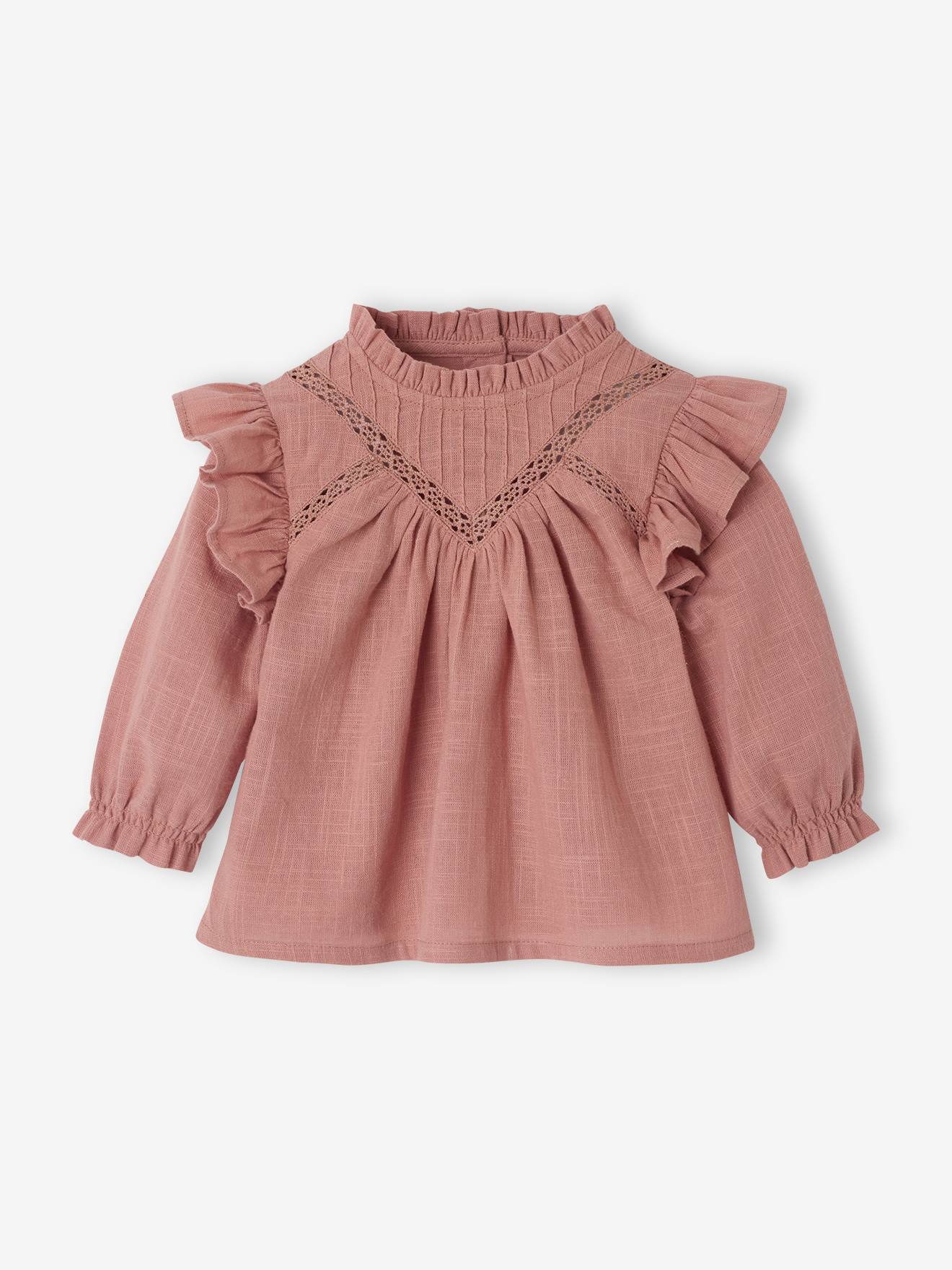 Blouse volantée bébé en tissu flammé vieux rose
