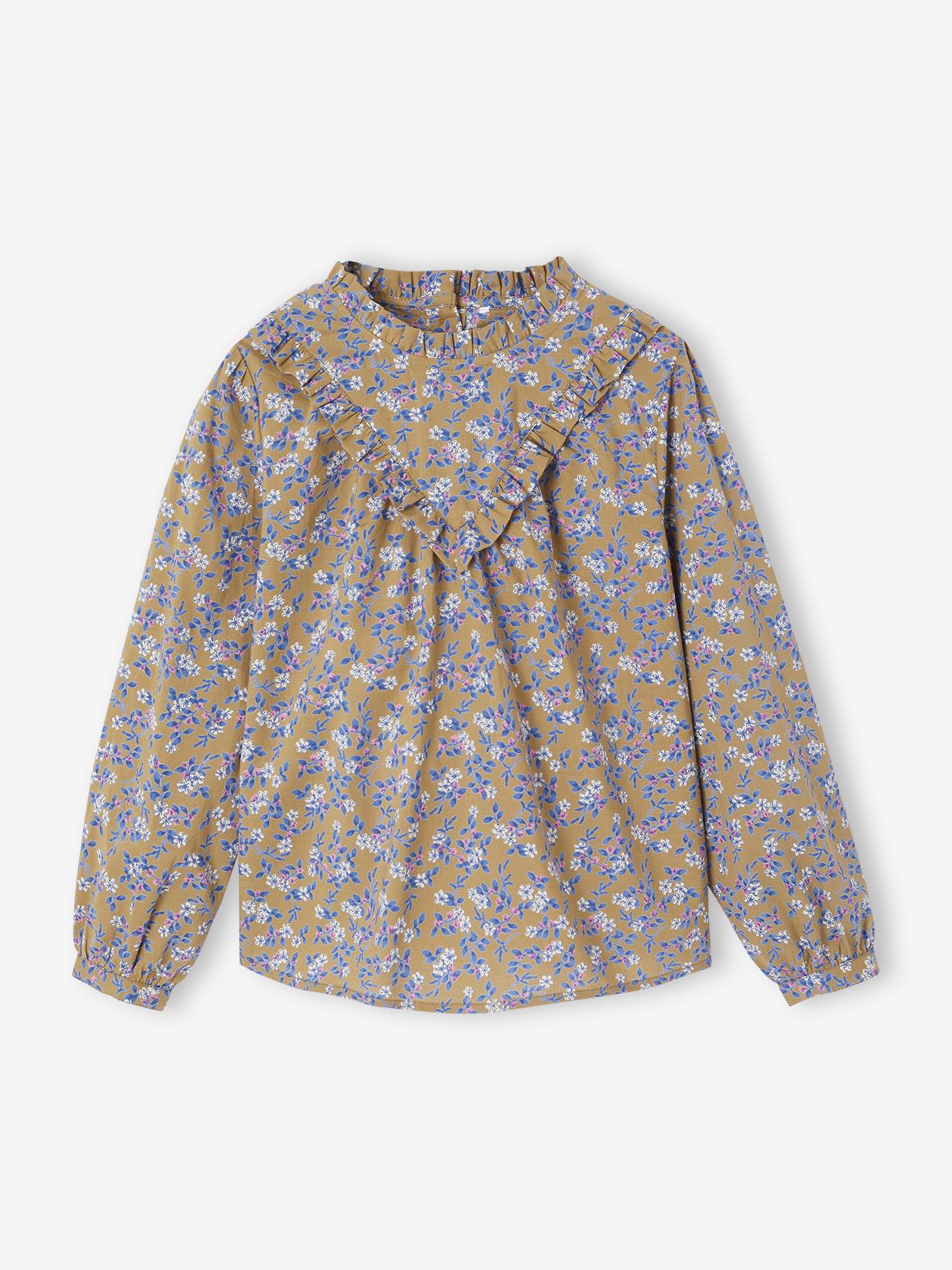 Blouse fille à volants imprimée fleurs olive