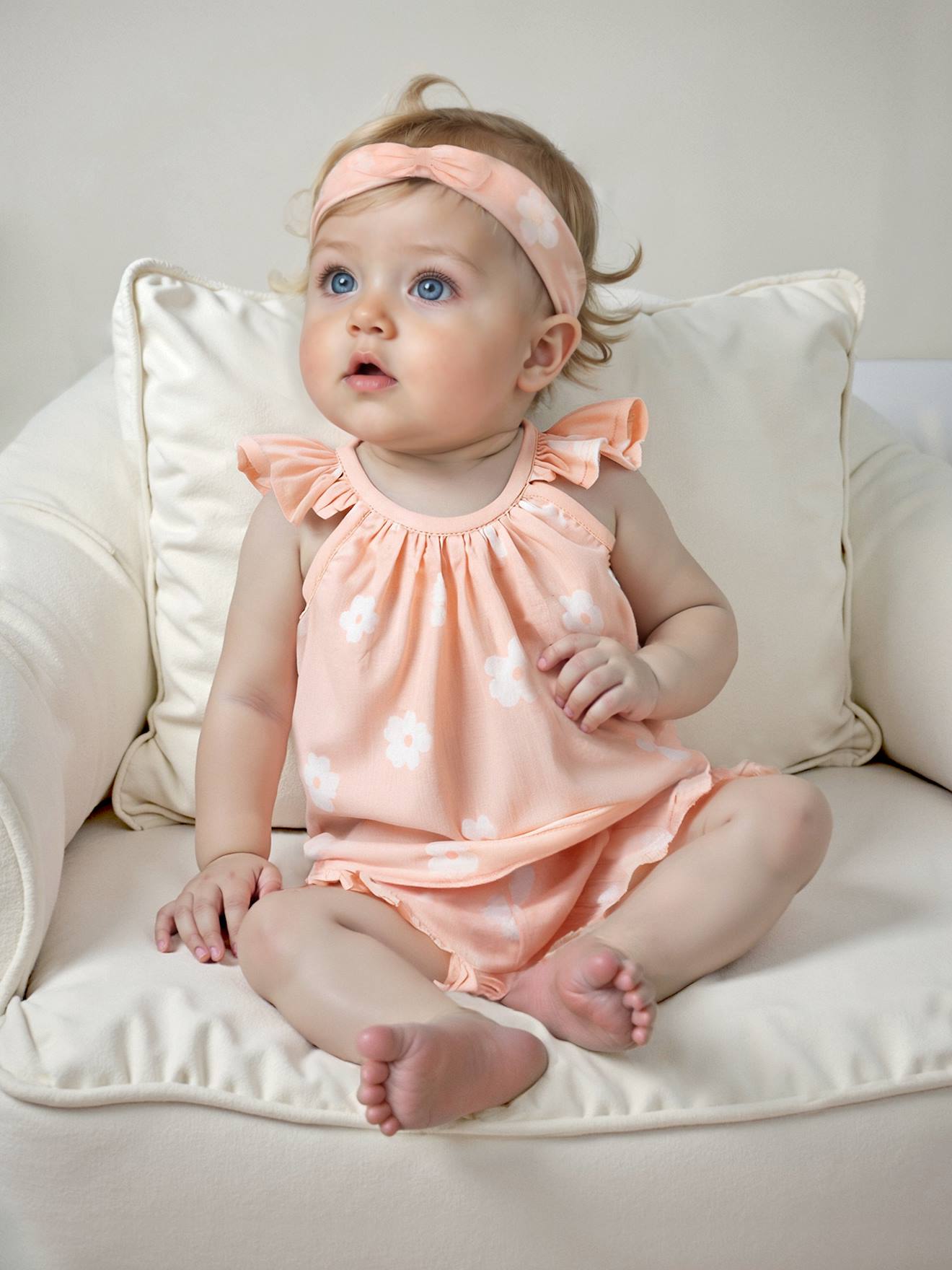 Ensemble imprimé débardeur + short + bandeau bébé fille rose pâle
