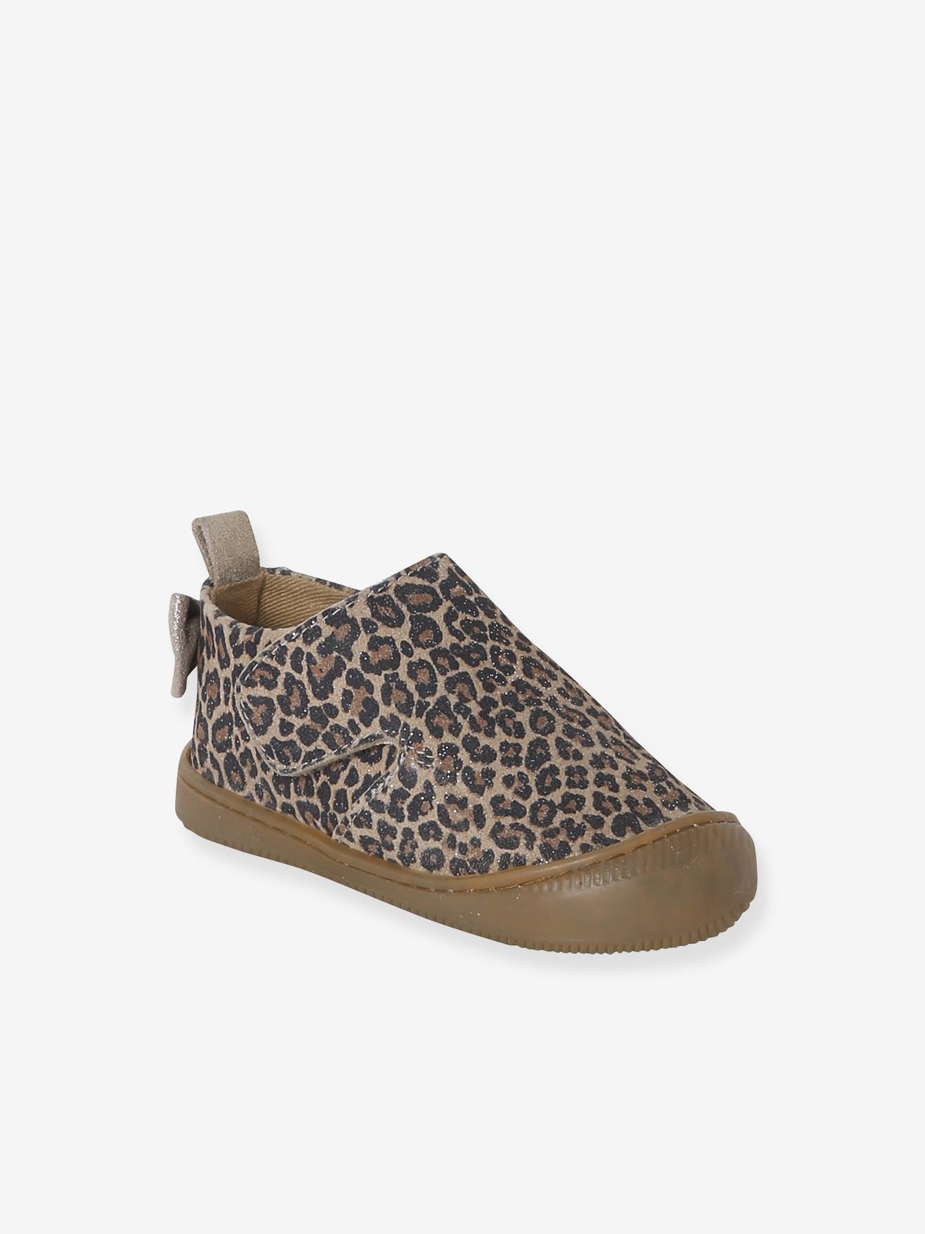 Chaussons à scratchs cuir souple bébé beige imprimé