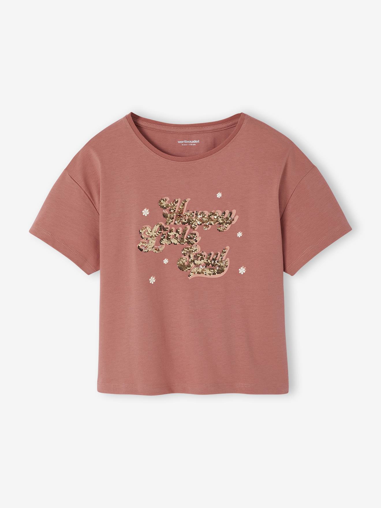 T-shirt animation en sequins réversibles fille manches courtes bois de rose
