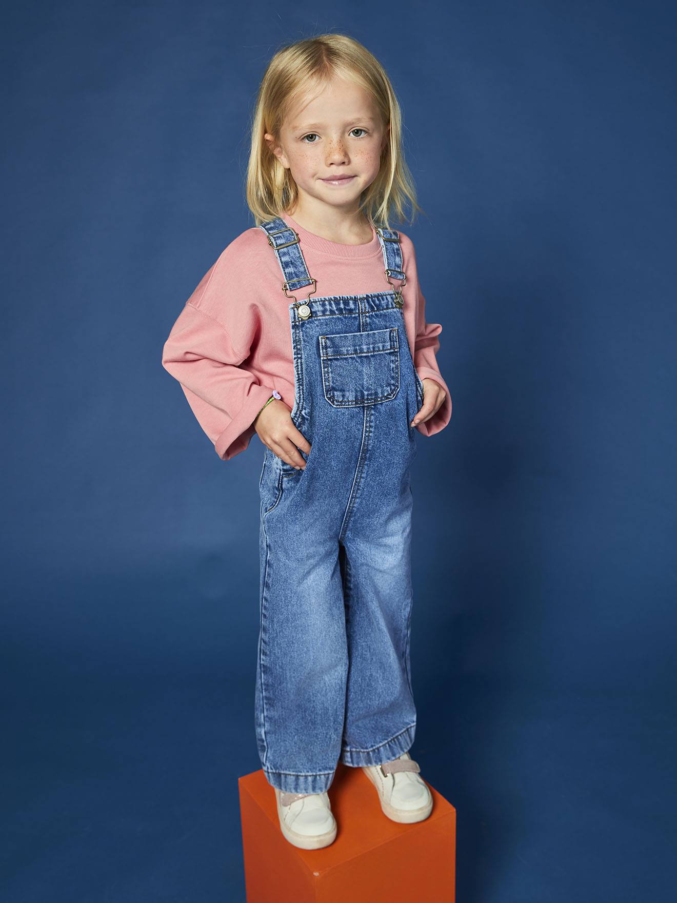 Salopette fille large en denim stone
