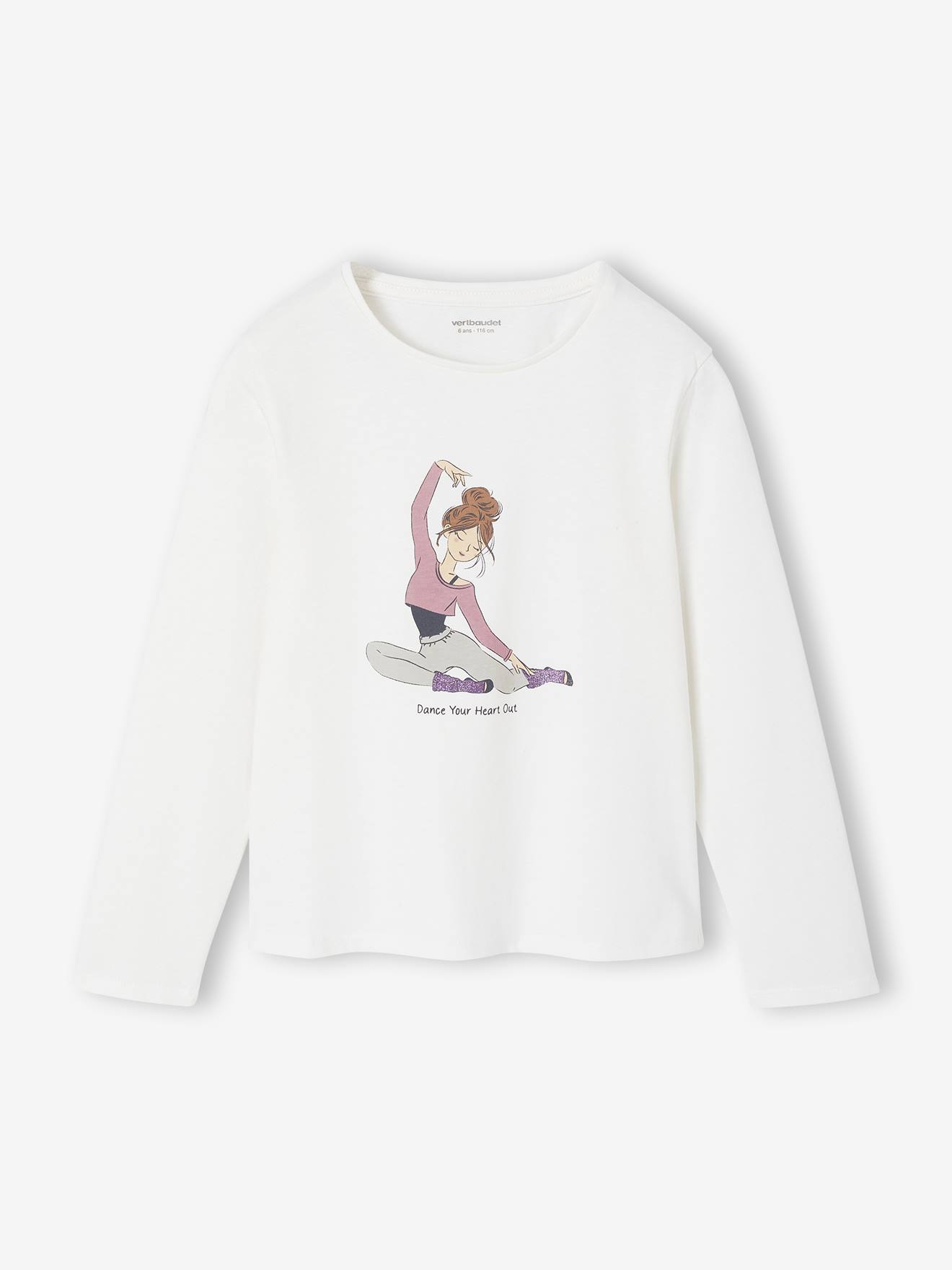 T-shirt motif danseuse sport fille manches longues écru