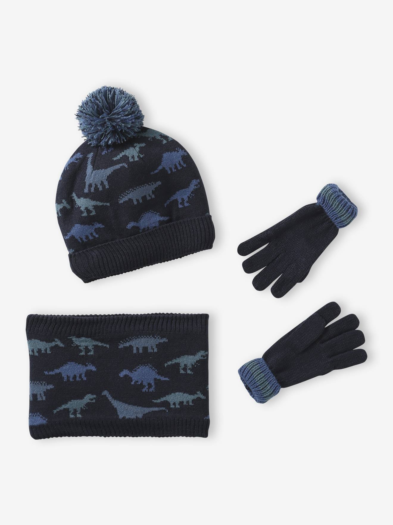 Ensemble garçon bonnet + snood + moufles/gants « Dinos » marine
