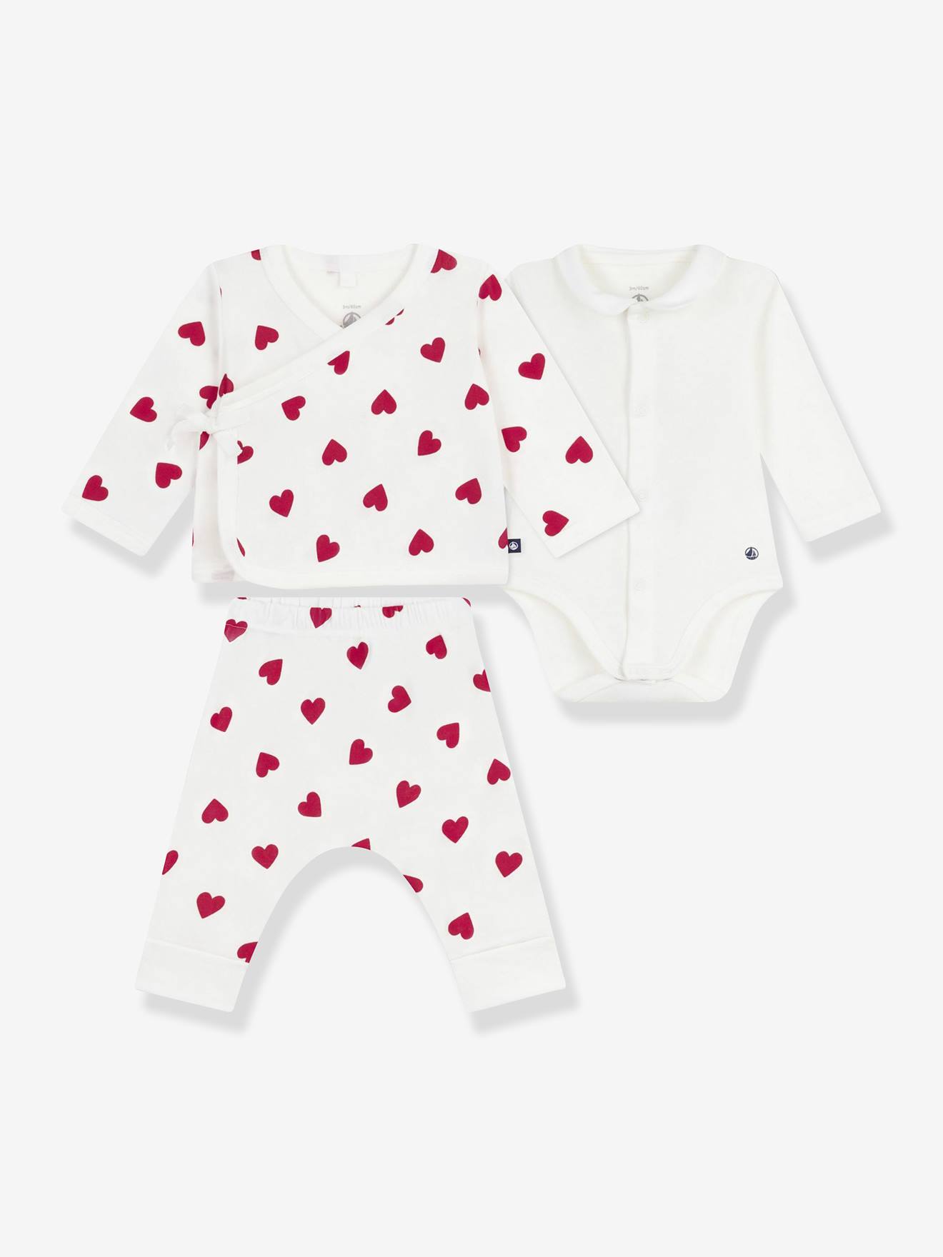 Ensemble 3 pièces imprimé coeurs bébé PETIT BATEAU cardigan cache-coeur, pantalon et body blanc