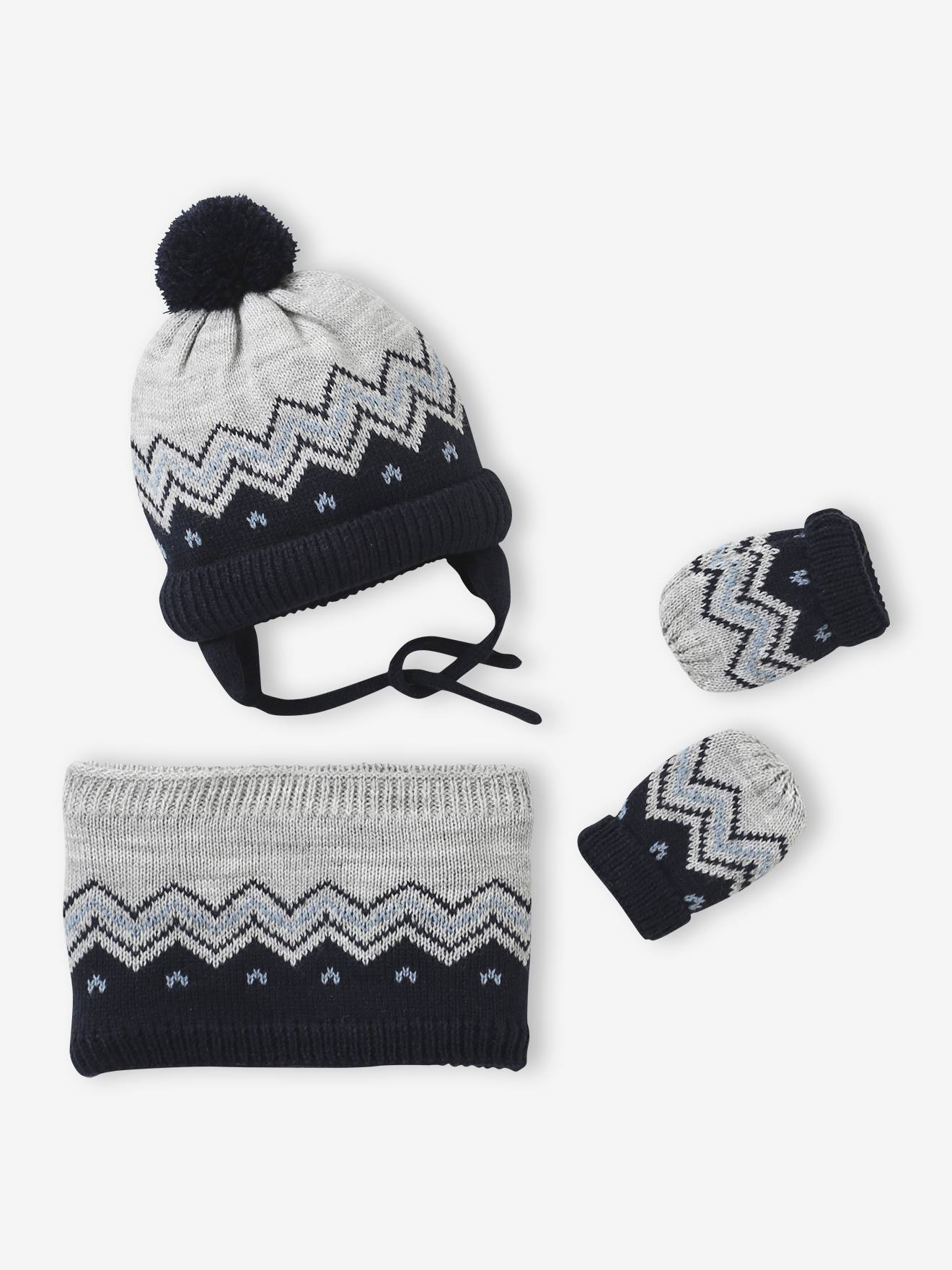 Ensemble jacquard bonnet, snood et moufles bébé gris chiné