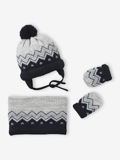 -Ensemble jacquard bonnet, snood et moufles bébé