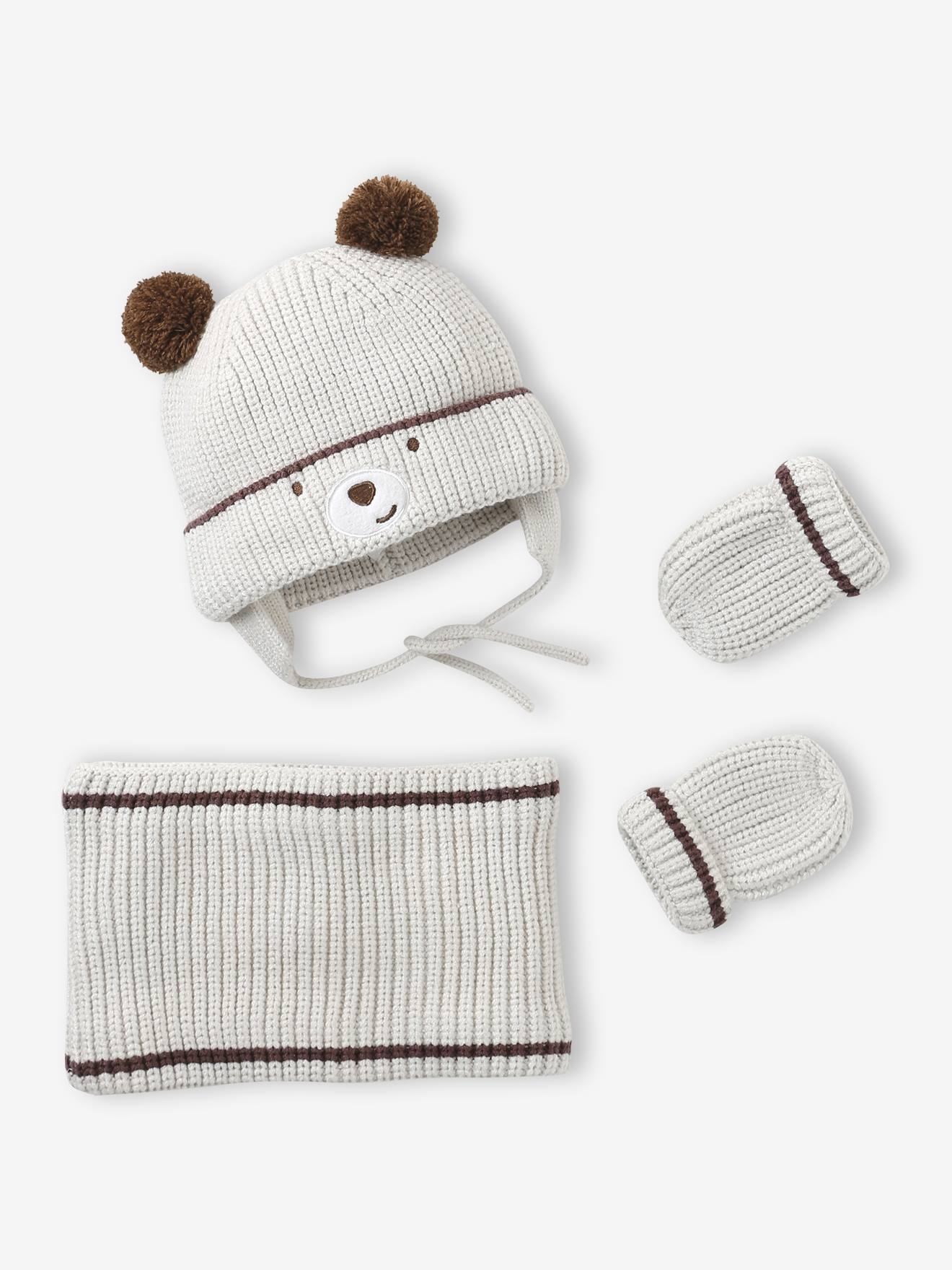Ensemble bonnet « Ourson », snood et moufles bébé argile