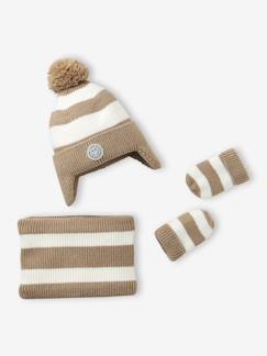 -Ensemble rayé bonnet péruvien, snood et moufles bébé