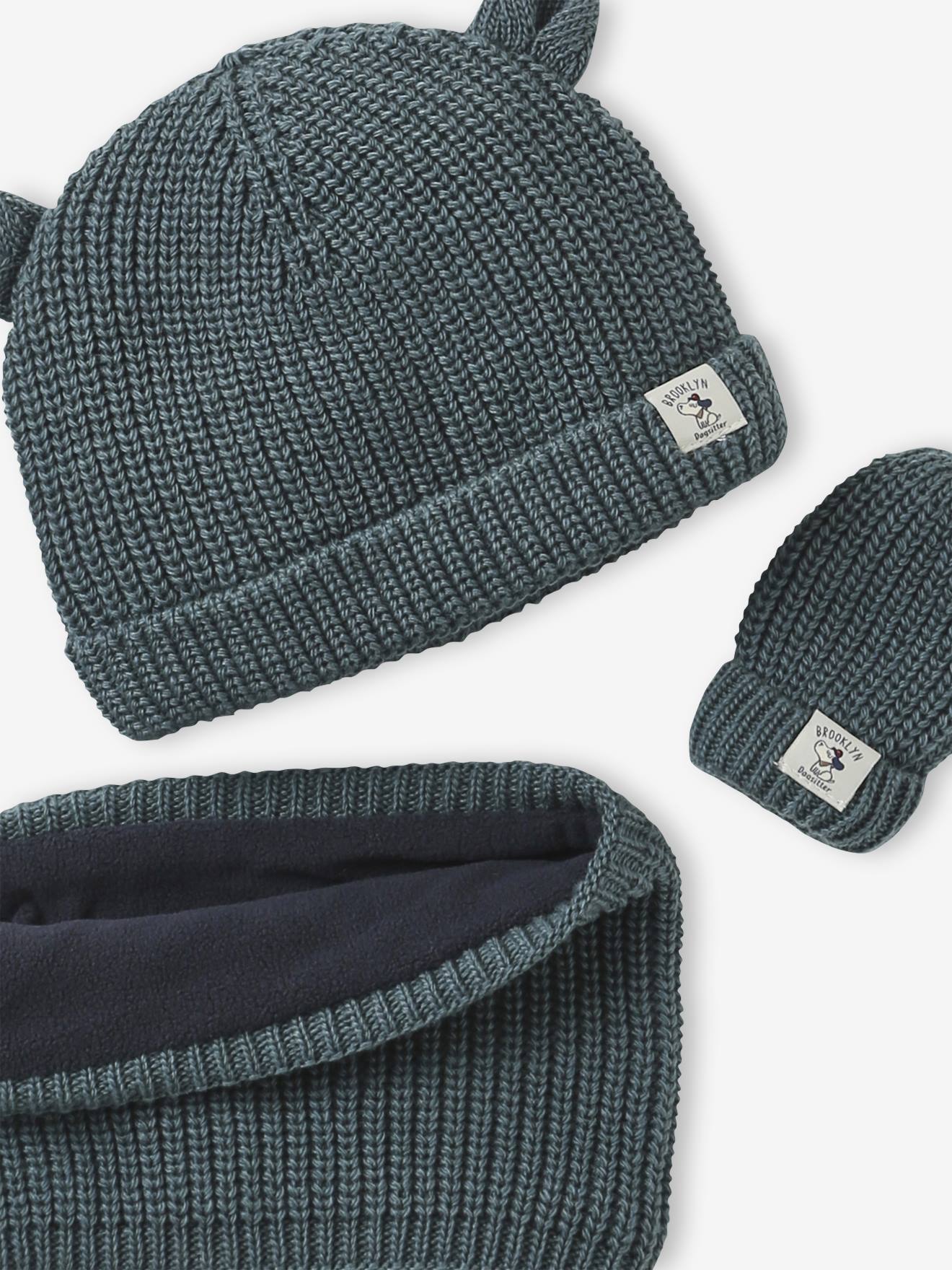 Ensemble Bonnet, Snood Et Moufles Bébé "Ourson" - Maille Douce, Oreilles Pompons, Doublure Polaire