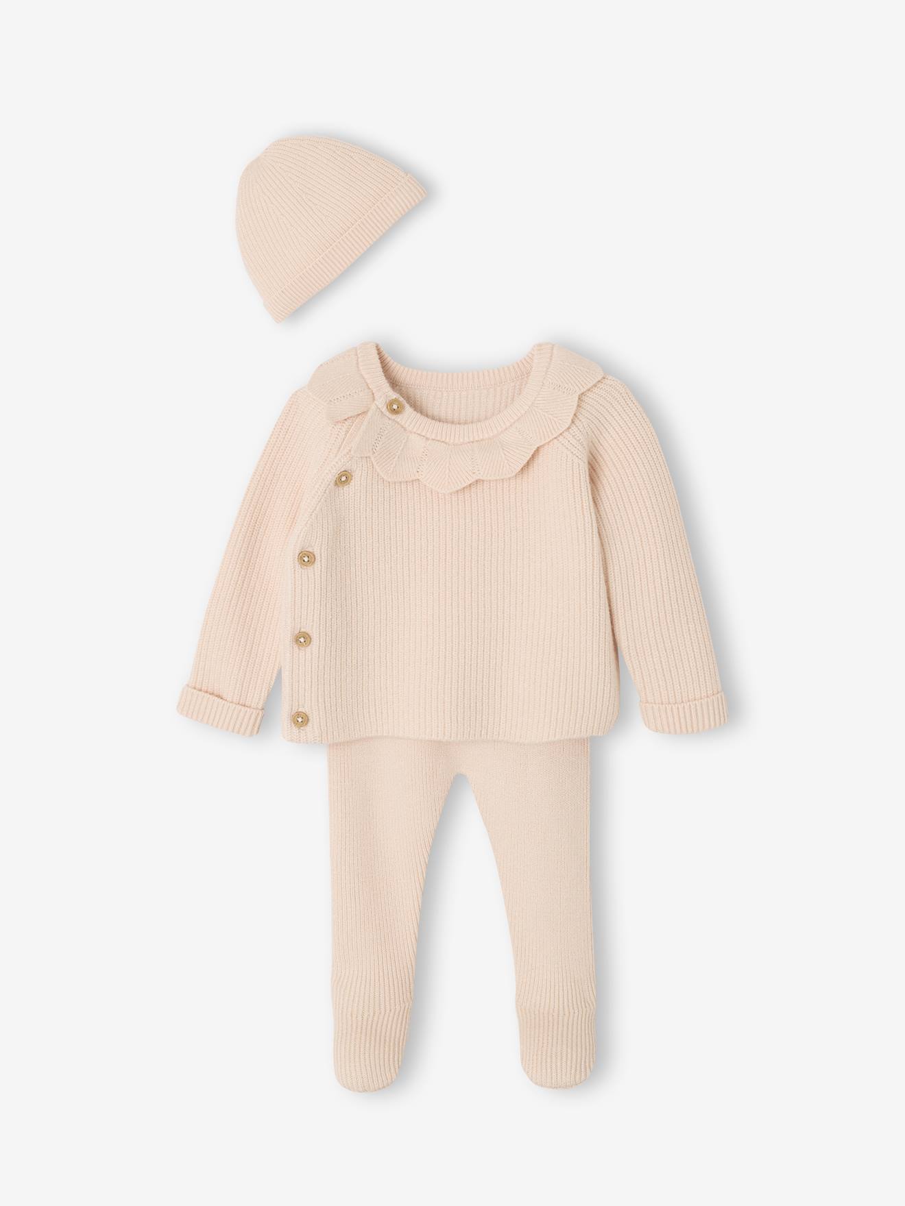 Ensemble naissance 3 pièces en tricot gilet + pantalon + bonnet rose