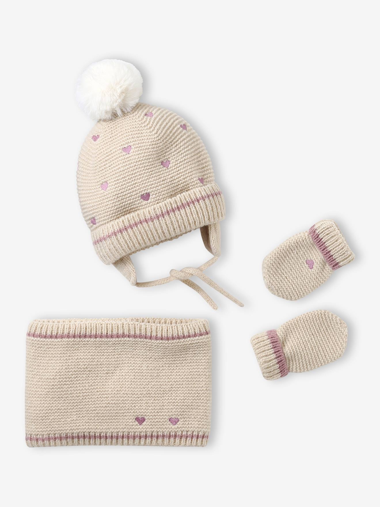 Ensemble c½urs brodés bonnet, snood et moufles bébé beige doré