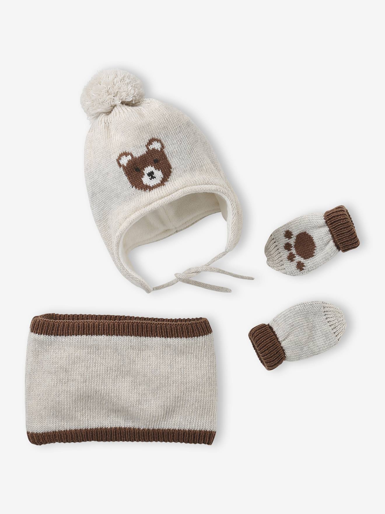 Ensemble Bonnet Pruvien Jacquard Ours Snood et Moufles beige chin 15 €
