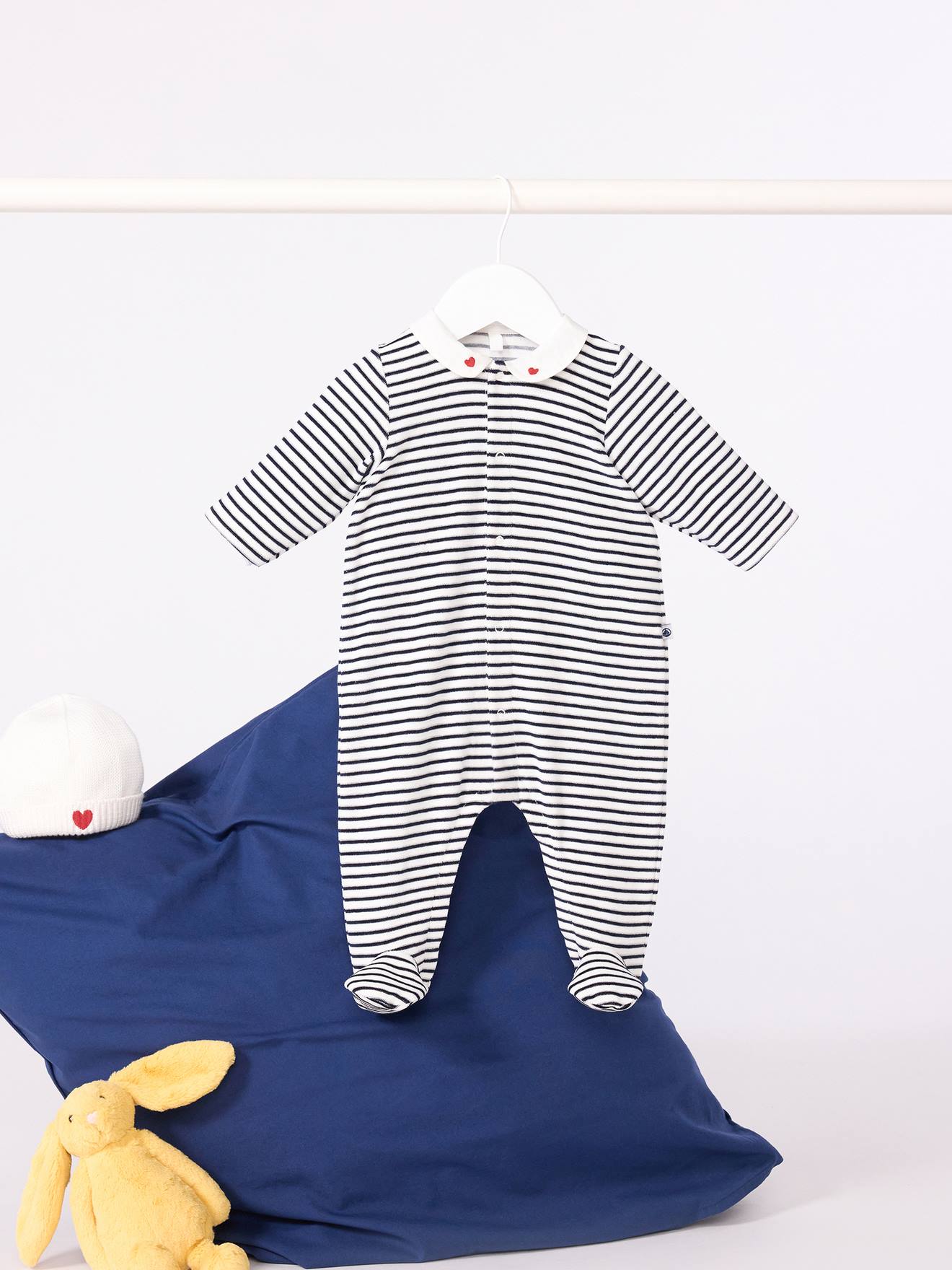 Pyjama bébé en velours à col imprimé marine