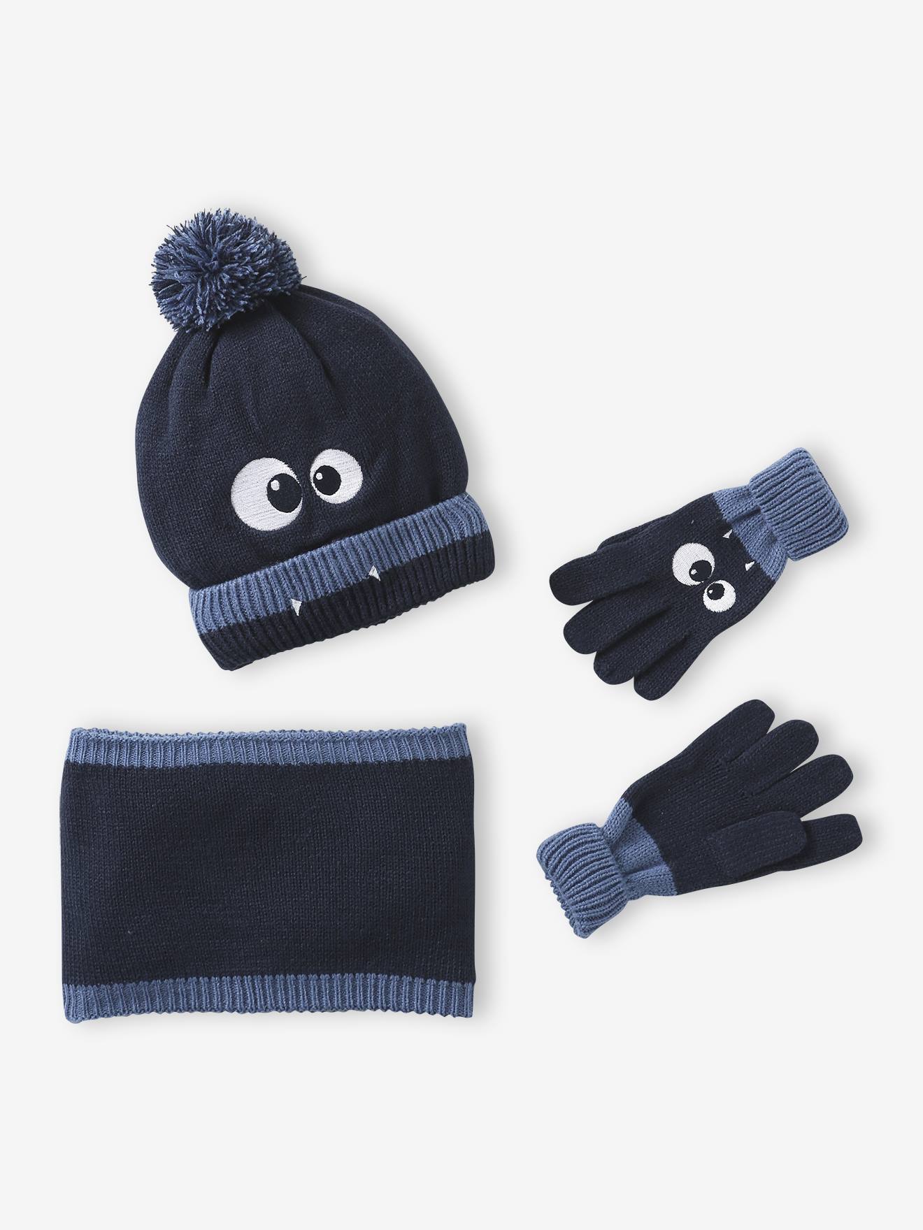 Ensemble garçon bonnet + snood + moufles/gants « Monstre » marine
