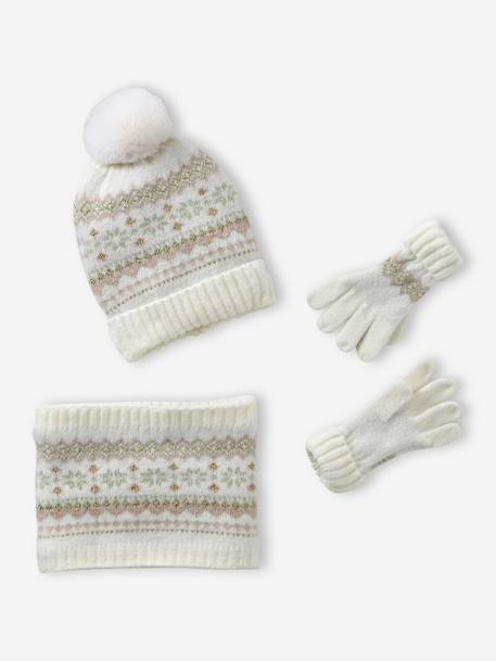 Fille-Ensemble jacquard fille bonnet + snood + moufles/gants