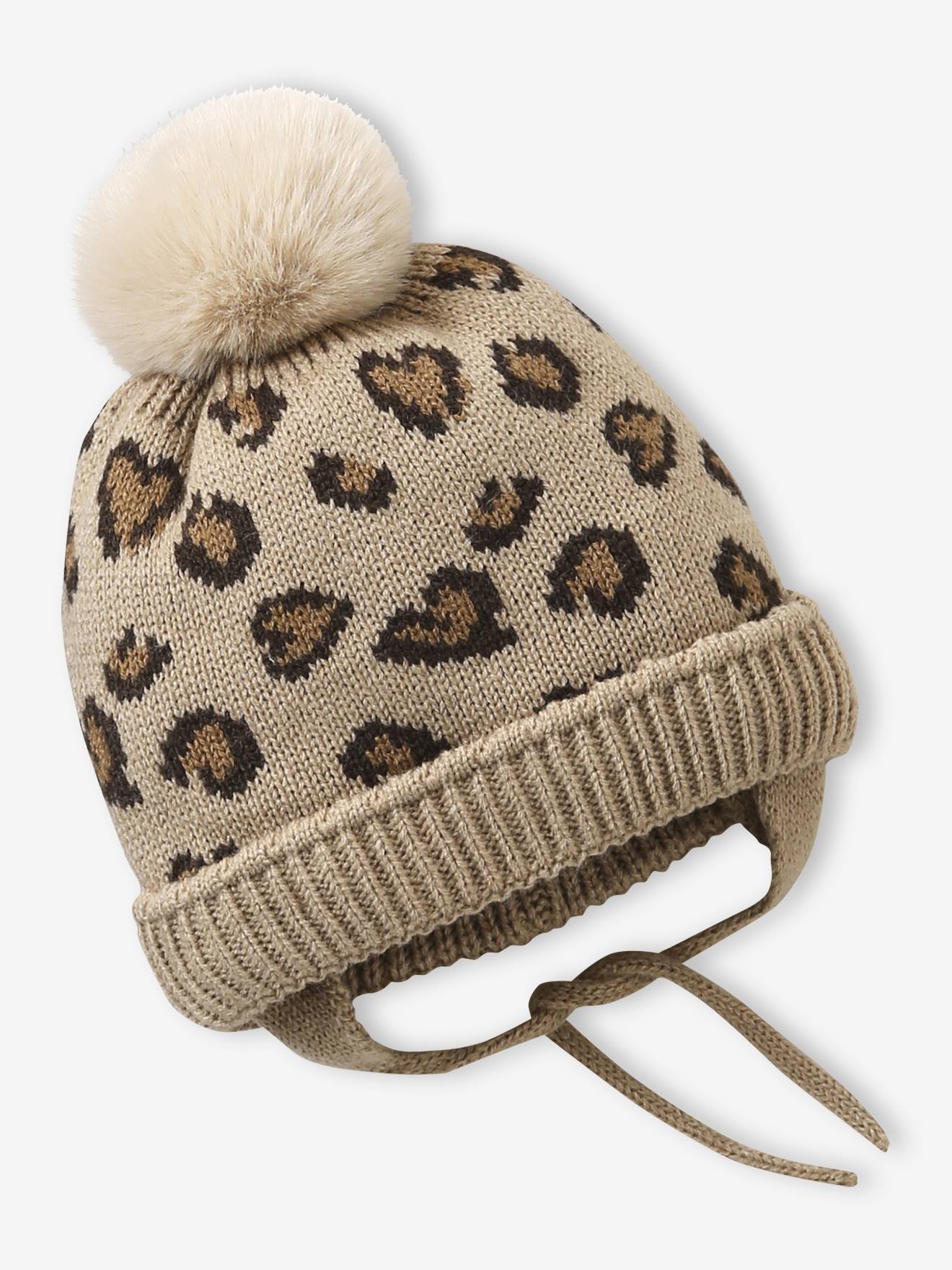 Ensemble léopard coeurs bonnet, snood et moufles bébé taupe (Vertbaudet) - Image 1