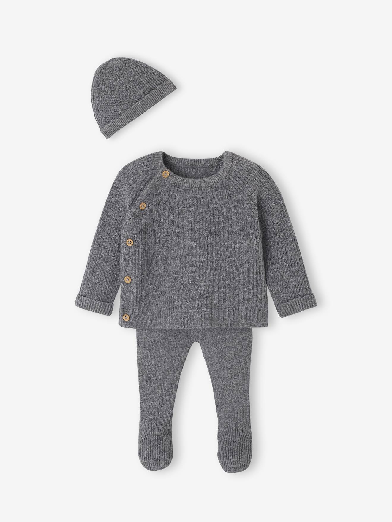 Ensemble naissance 3 pices en tricot gilet pantalon bonnet gris chin 23 €