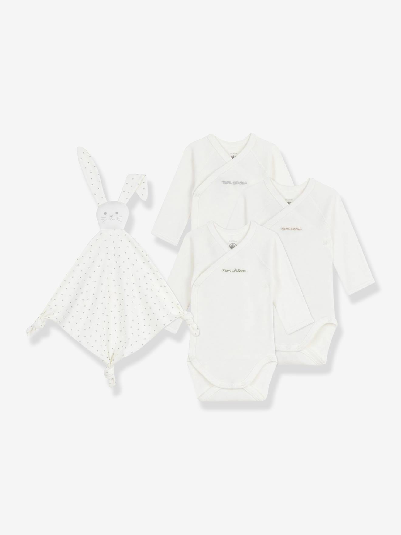 Coffret naissance 3 bodies en coton brod et doudou lapin cru 39 €