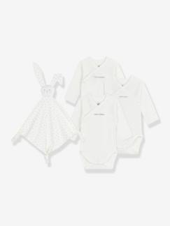 -Coffret naissance 3 bodies en coton brodé et doudou lapin