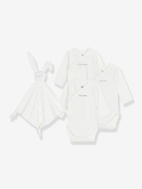 Bébé-Coffret naissance 3 bodies en coton brodé et doudou lapin