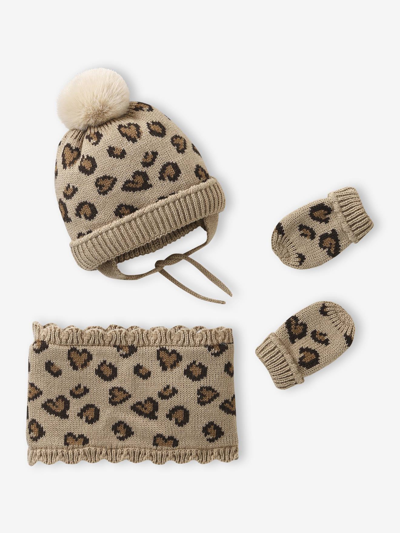 Ensemble léopard c½urs bonnet, snood et moufles bébé taupe