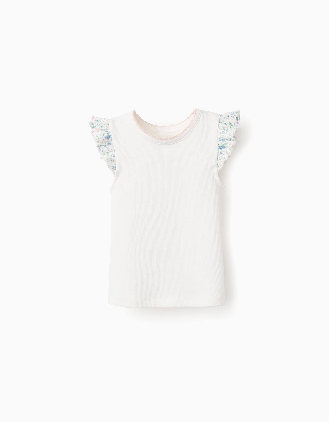 T-shirt Côtelé À Volants Floraux Beige Clair