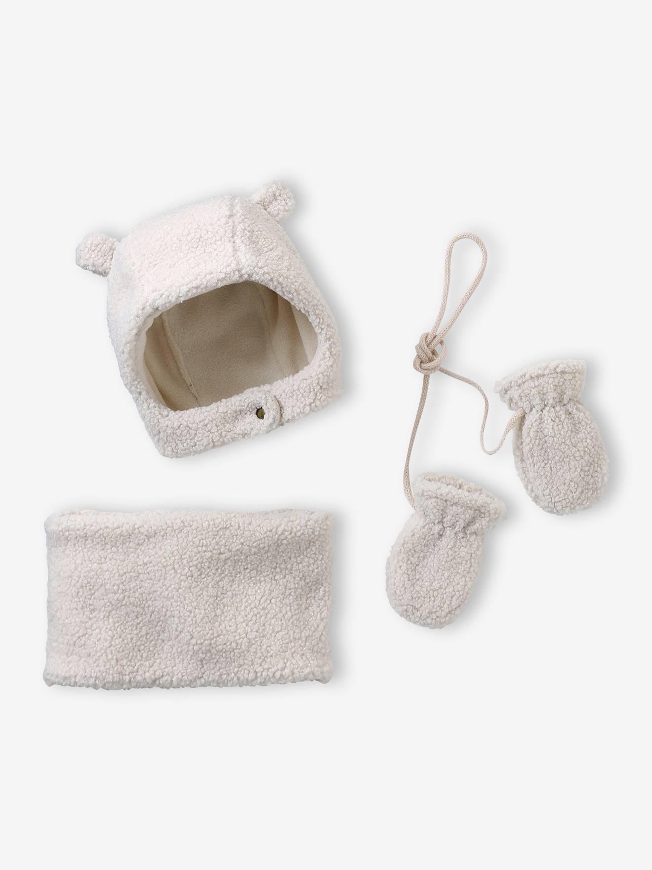 Ensemble bonnet, snood et moufles bébé en sherpa écru