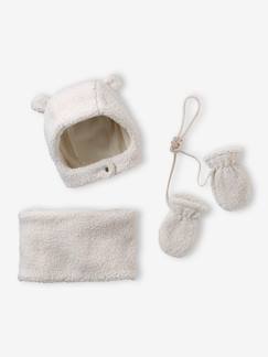 -Ensemble bonnet, snood et moufles bébé en sherpa