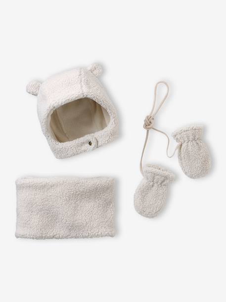 Vertbaudet - Ensemble bonnet, snood et moufles bébé en sherpa écru