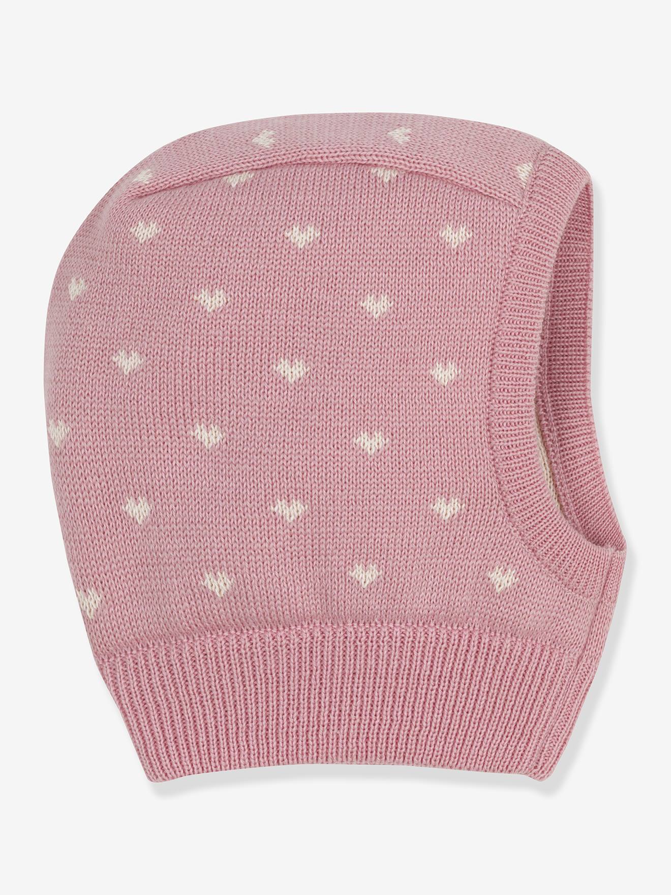 Cagoule bébé coeurs en laine et coton rose
