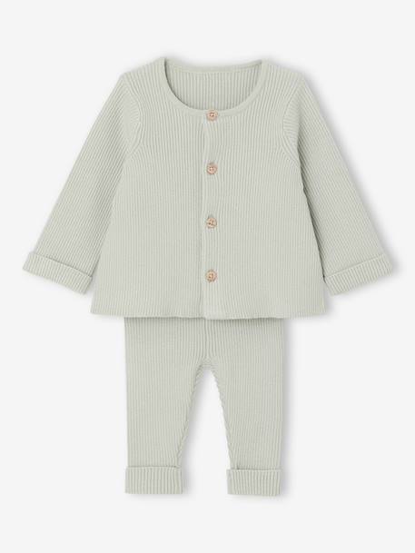 Vertbaudet - Ensemble bébé mixte gilet pantalon en tricot vert d'eau
