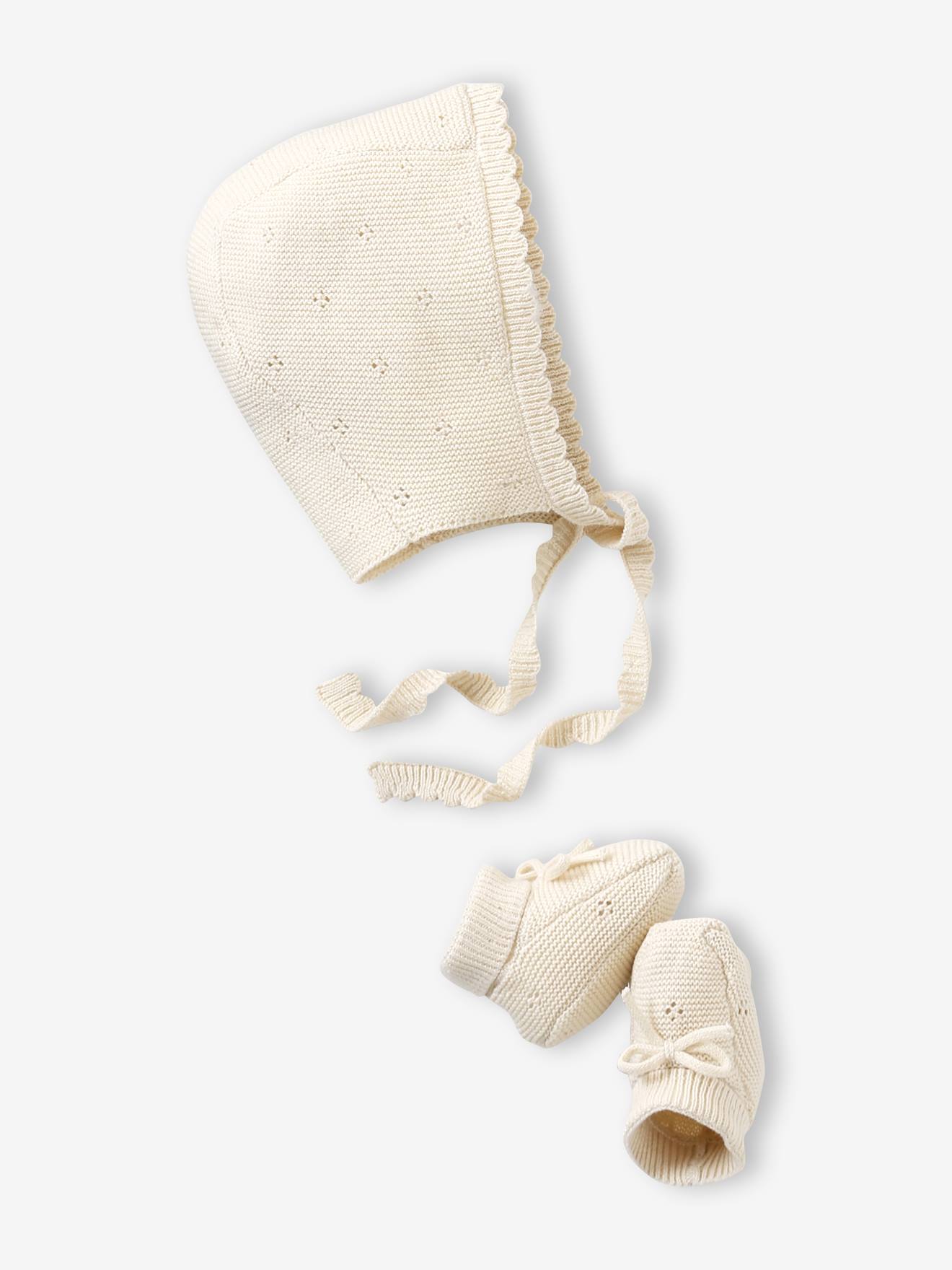 Ensemble bonnet et chaussons bébé naissance en maille ajourée écru