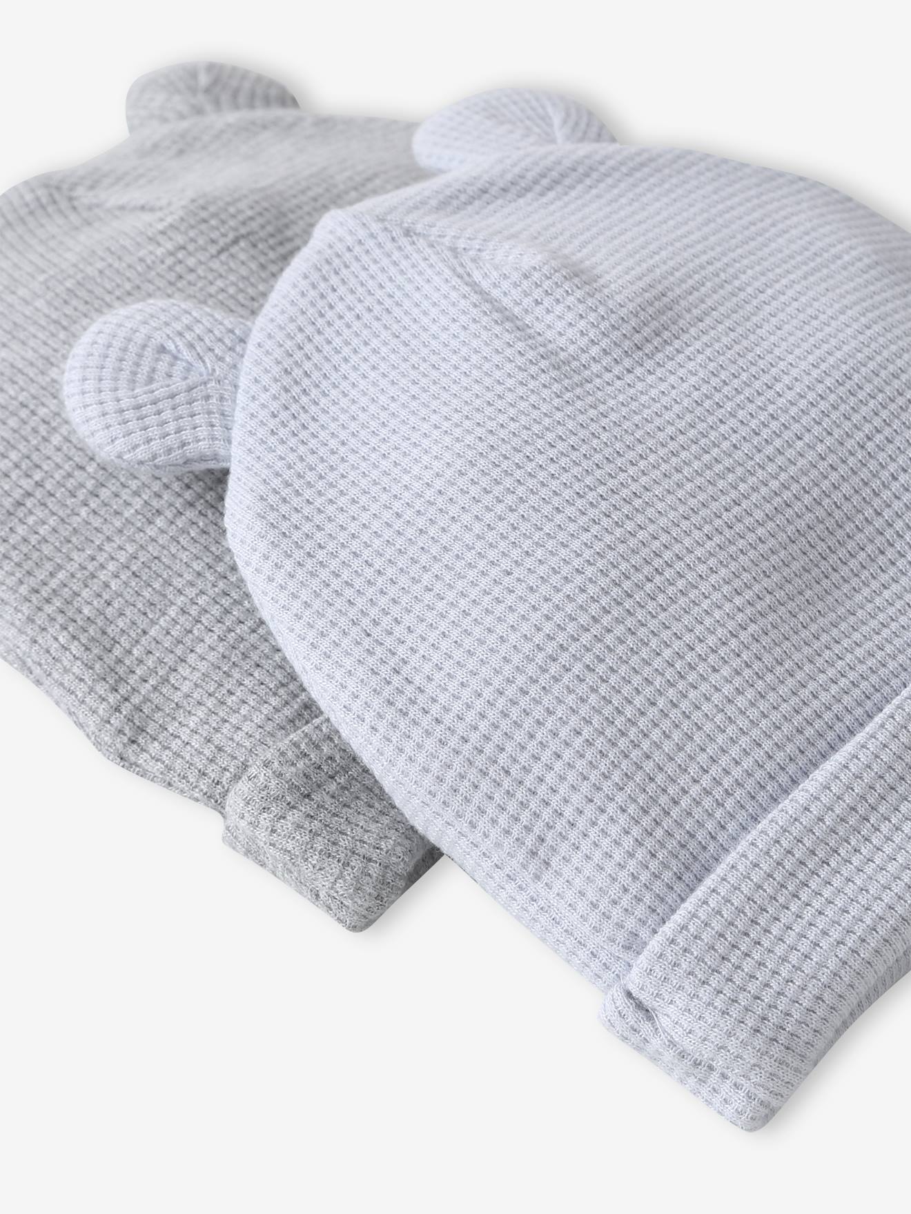 Lot de 2 bonnets naissance à oreilles d'ours bleu pâle + gris chiné (Vertbaudet) - Image 1