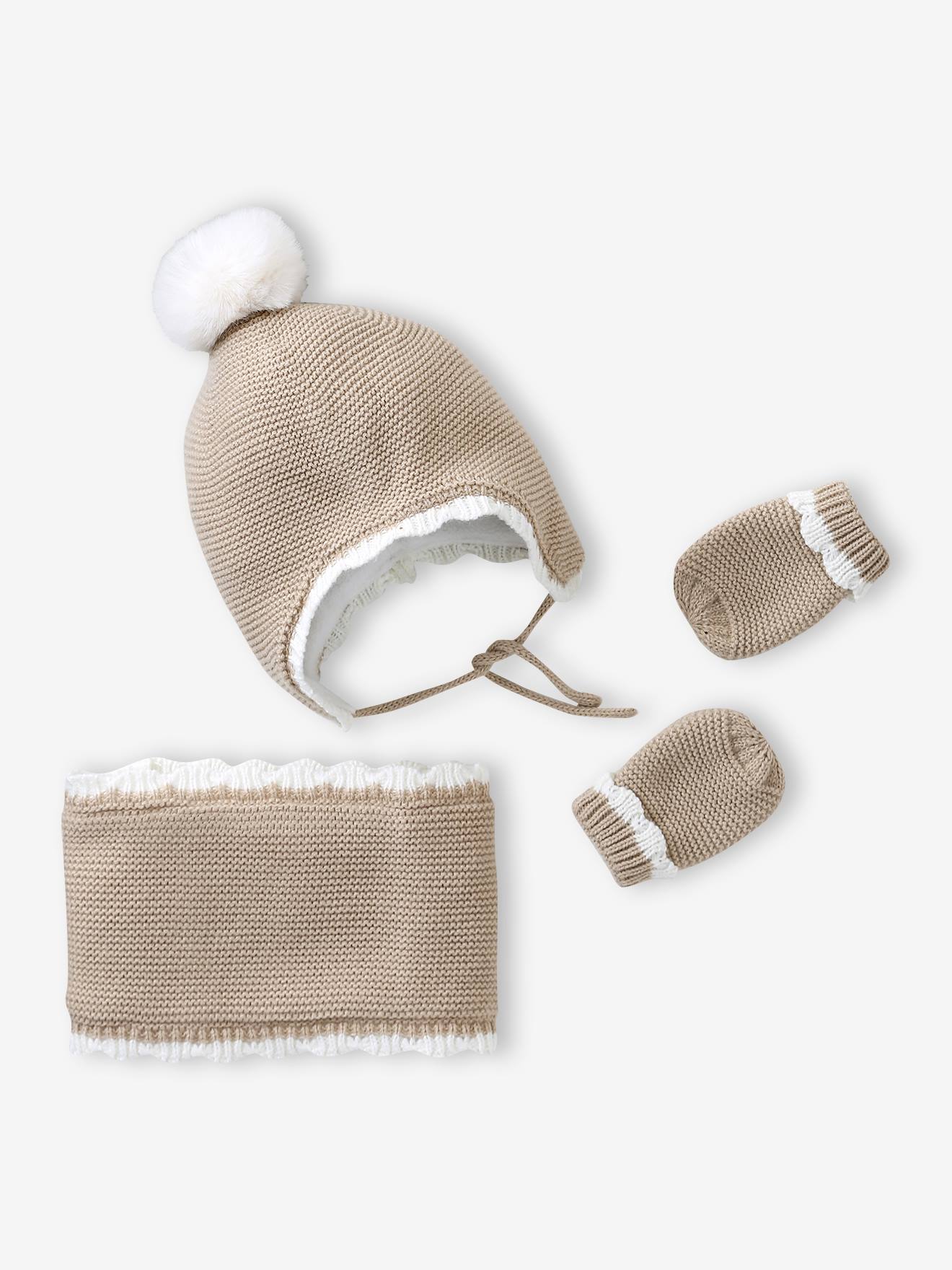Ensemble festonné bonnet, snood et moufles bébé beige chiné