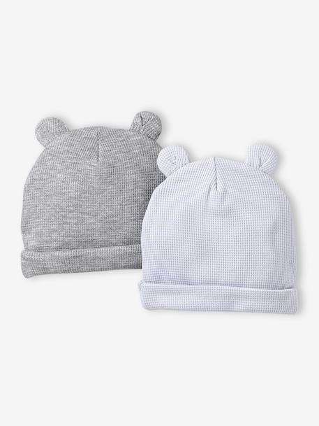Vertbaudet - Lot de 2 bonnets naissance à oreilles d'ours bleu pâle + gris chiné