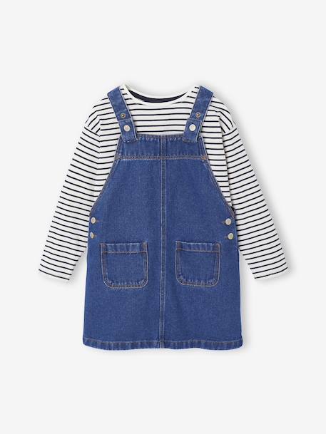 Fille-Ensemble fille robe salopette jean et tee shirt rayé 