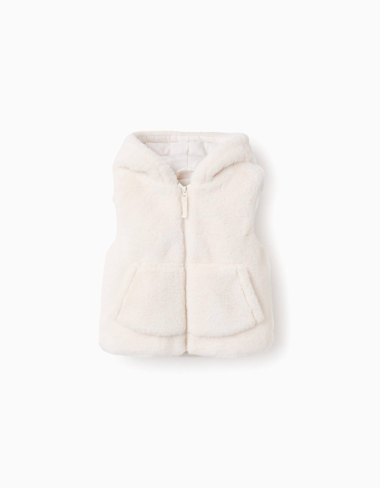 Gilet En Fausse Fourrure Avec Capuche Beige Clair