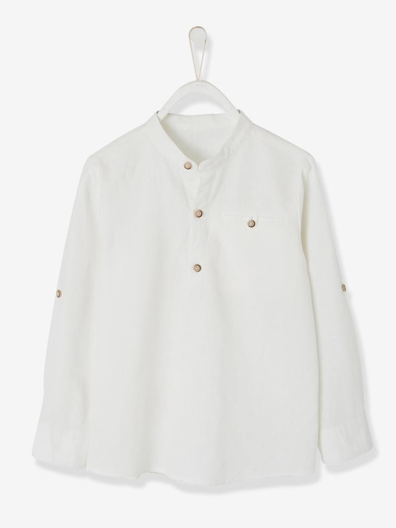 Chemise col Mao garçon en coton/lin manches longues blanc - Vertbaudet