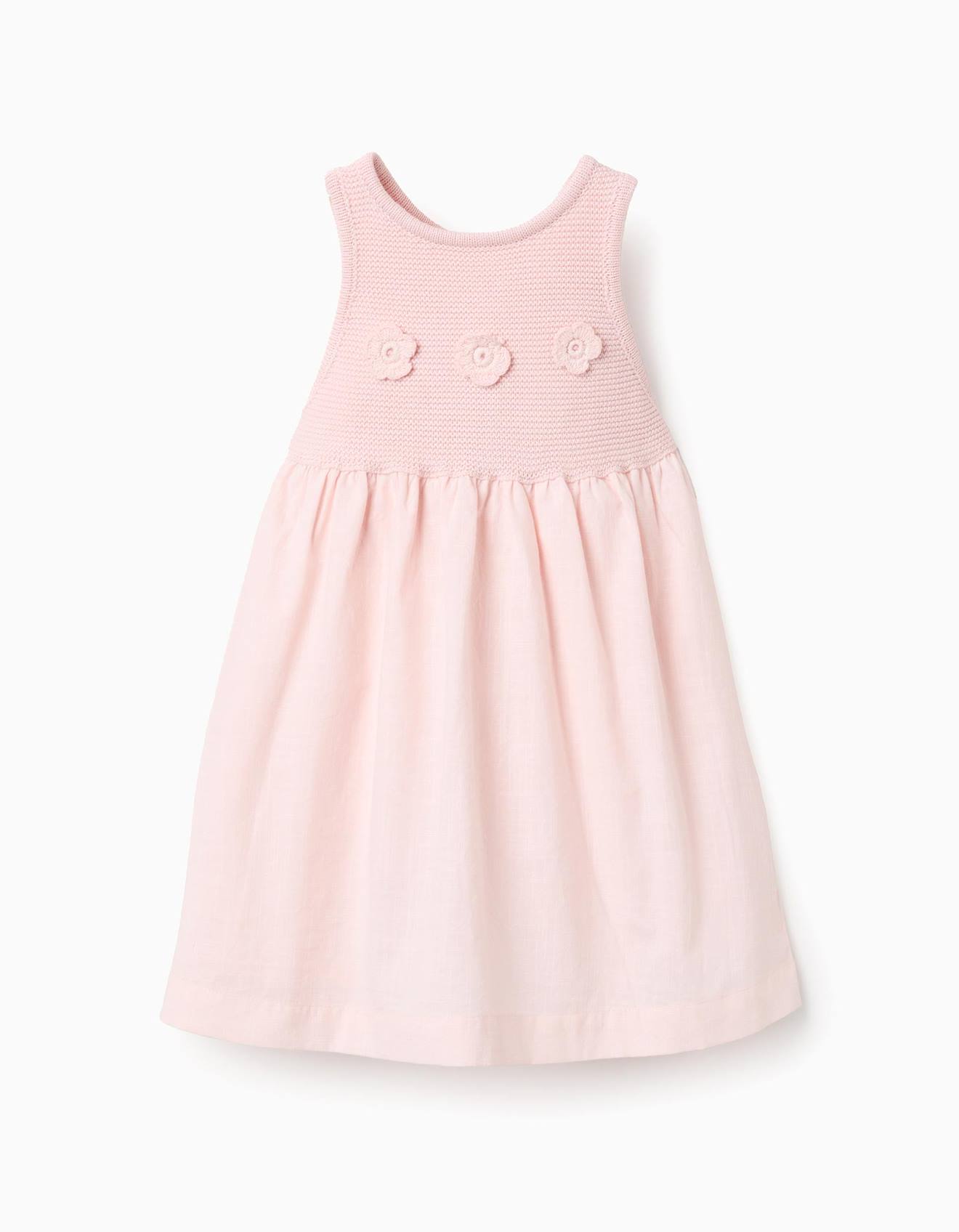 Robe bimatière avec fleurs en crochet rose