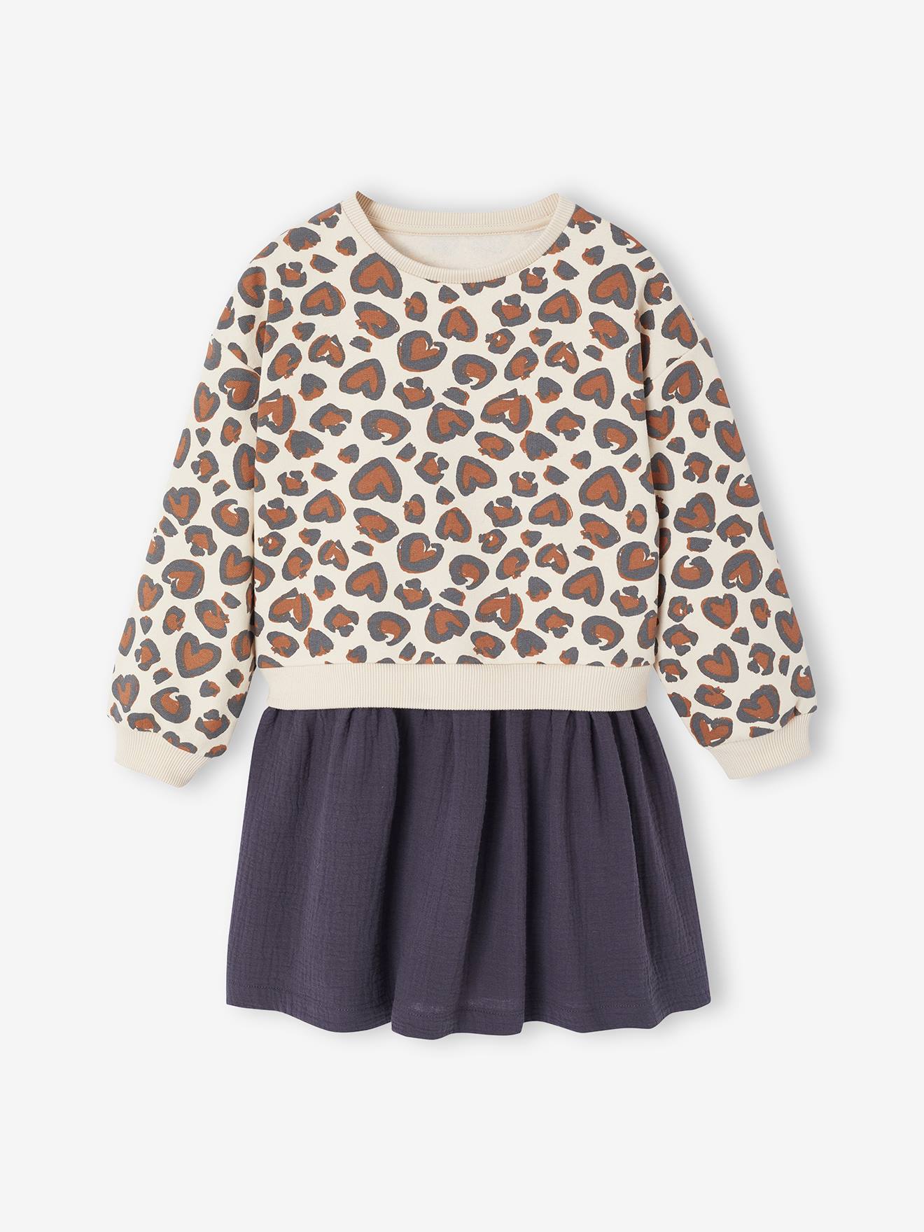 Robe fille 2 en 1 molleton et gaze de coton anthracite