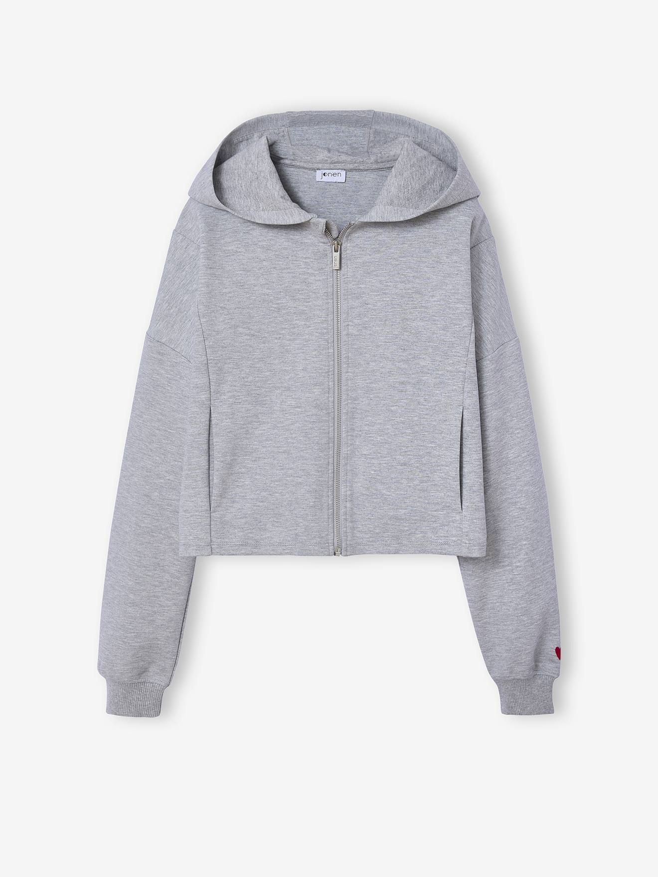 Sweat court zippé à capuche fille gris chiné